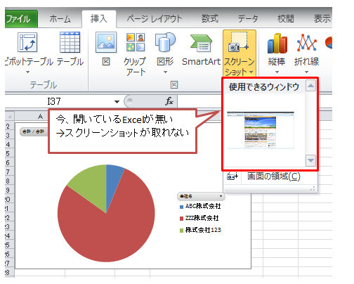 Excelの中ではスクリーンショットで自分自身を取れない