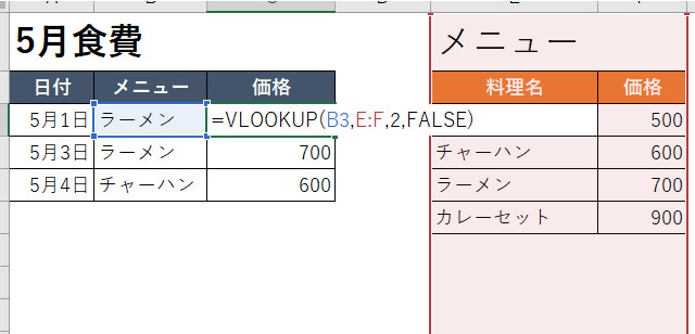 VLOOKUP関数を入れる